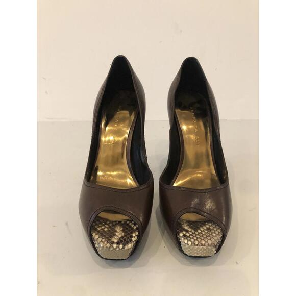Stylish Barbara Bui Brown leather Peep-Toe Heels with Snake Print - Picture 1 of 4